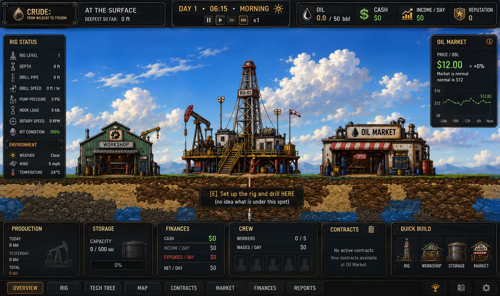 Night-time oil derrick above a cross-section of underground rock formations